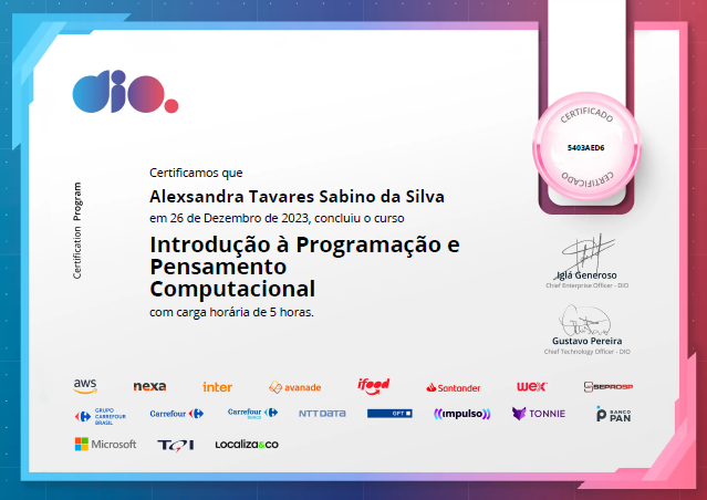 Certificado Introdução à Programação e Pensamento Computacional - Dio